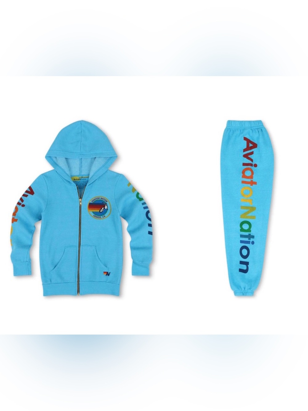 Kids Aviator nation logo zip hoodie sweatshirt & sweatpants neon blue 14